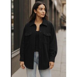 Good American Shacket Womens 1/2 S/M Black Fleece Shirt Pockets Jacket